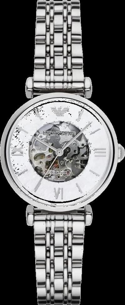 Montre Emporio Armani AR1991 avec cadran squelette argenté et aiguilles bleues, style moderne et épuré