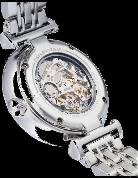 Cadran Emporio Armani AR1991 squelette laissant voir le mouvement, index bâtons et aiguilles bleuies