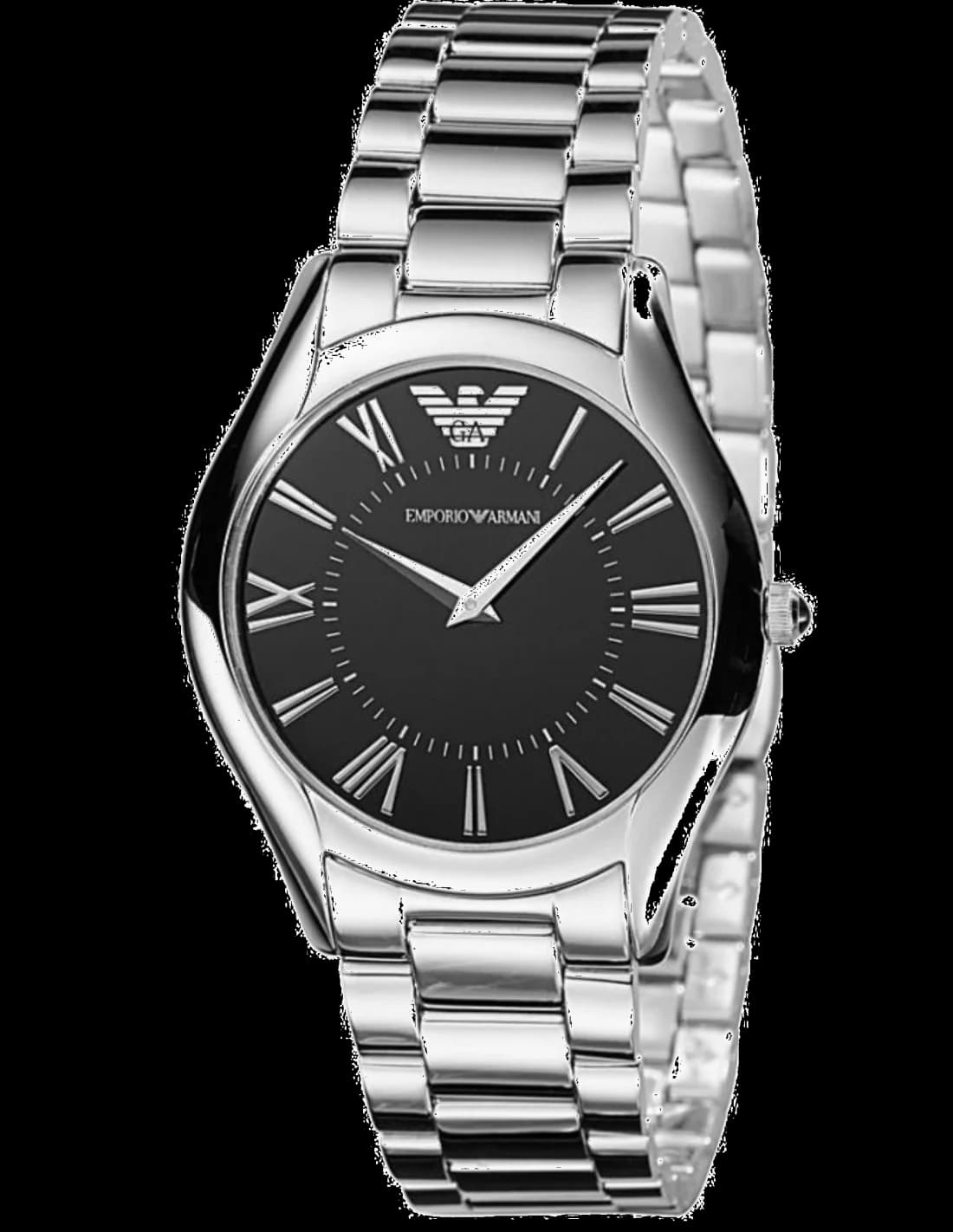 Montre Emporio Armani AR2023 au cadran noir minimaliste, aiguilles fines et index bâtons, design super slim élégant