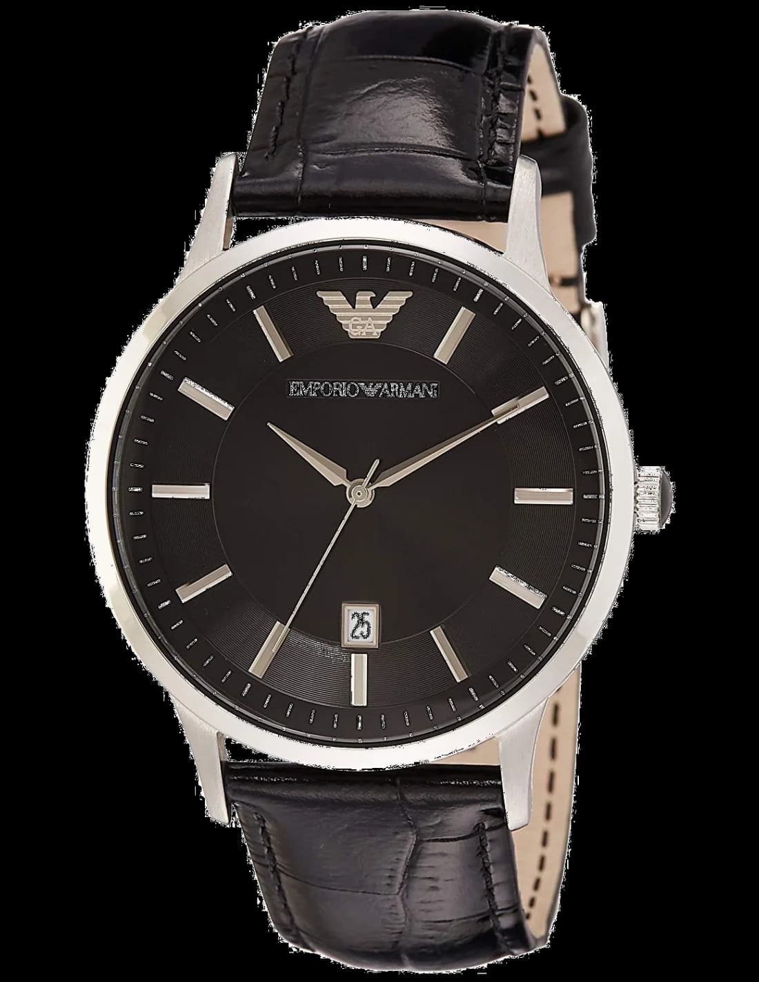 Montre Emporio Armani AR2411 au cadran noir élégant sur fond soleillé, style classique raffiné