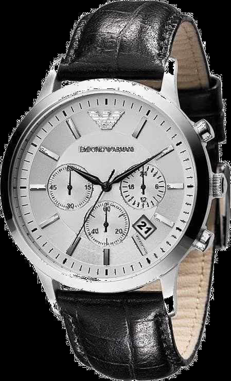 Montre Emporio Armani AR2432 avec cadran noir soleillé, aiguilles argentées et index bâtons, style classique et sportif