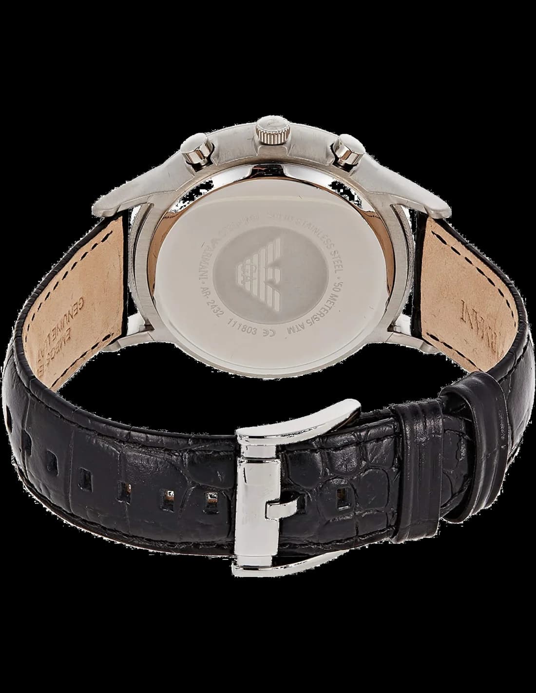 Cadran Emporio Armani AR2432 noir soleillé avec compteurs chronographe, guichet date à 4h30, aiguilles luminescentes