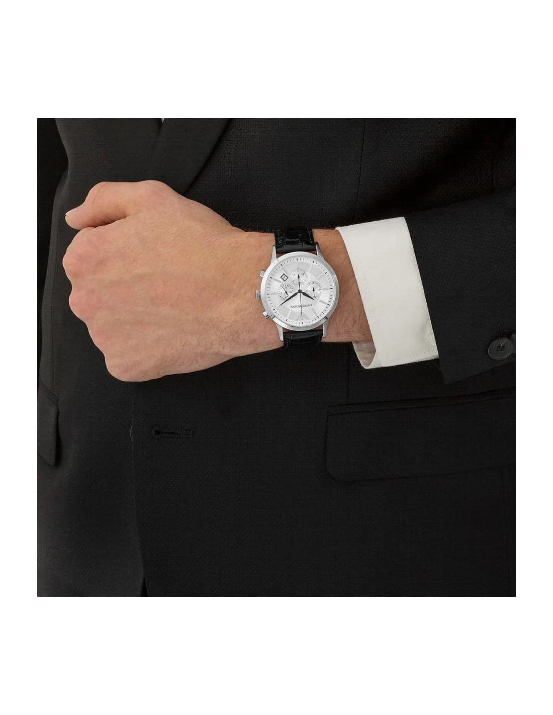 Bracelet Emporio Armani AR2432 en cuir noir mat avec surpiqûres contrastées, boucle ardillon en acier inoxydable