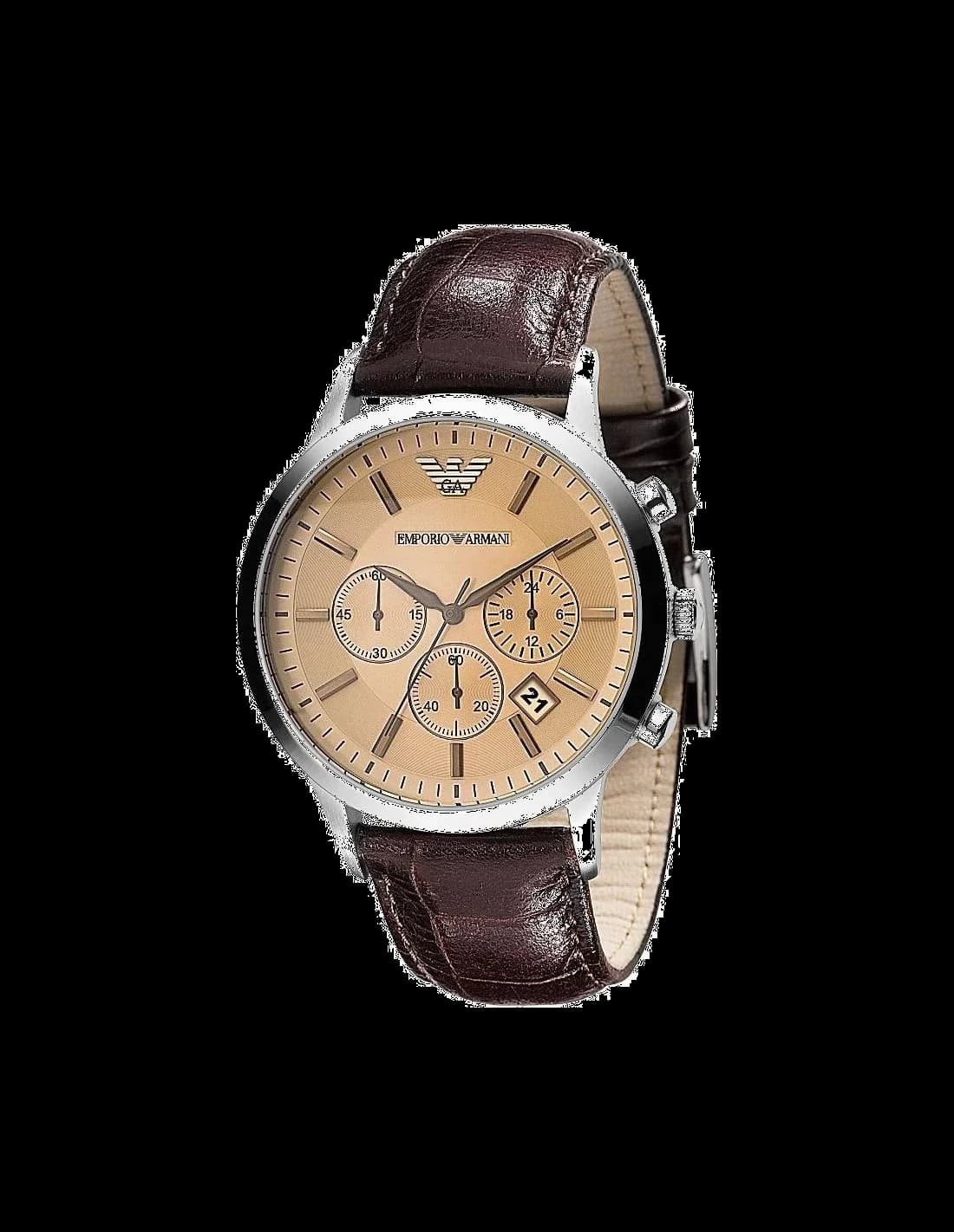 Montre Emporio Armani AR2433 avec cadran argenté soleil et index bâtons, style chic intemporel