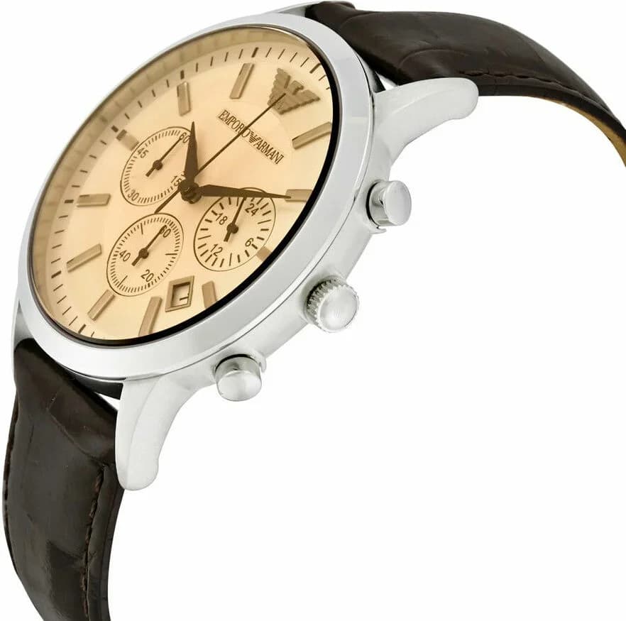 Cadran Emporio Armani AR2433 avec index appliqués et aiguilles dauphine, date à 3h, design épuré