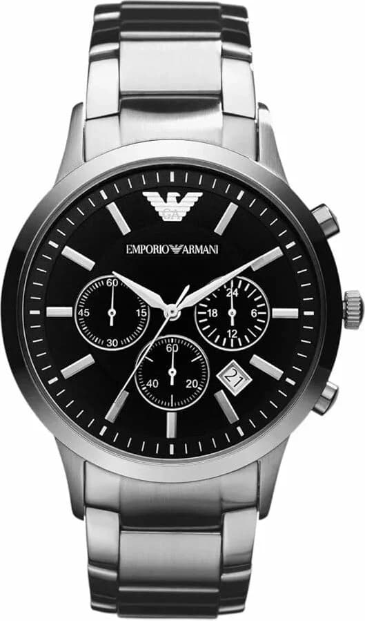Montre Emporio Armani AR2434 au cadran argenté avec index appliqués et aiguilles luminescentes, style classique et élégant