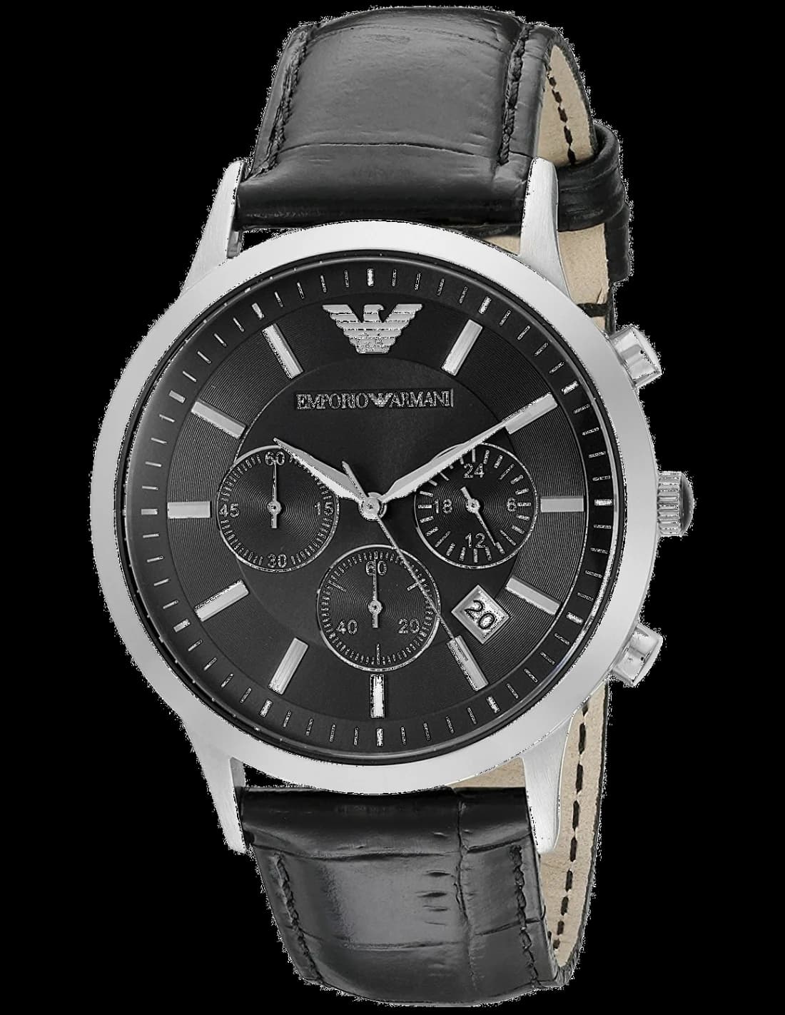 Montre Emporio Armani AR2447 avec cadran noir texturé, index argentés, aiguilles luminescentes, style classique sport chic