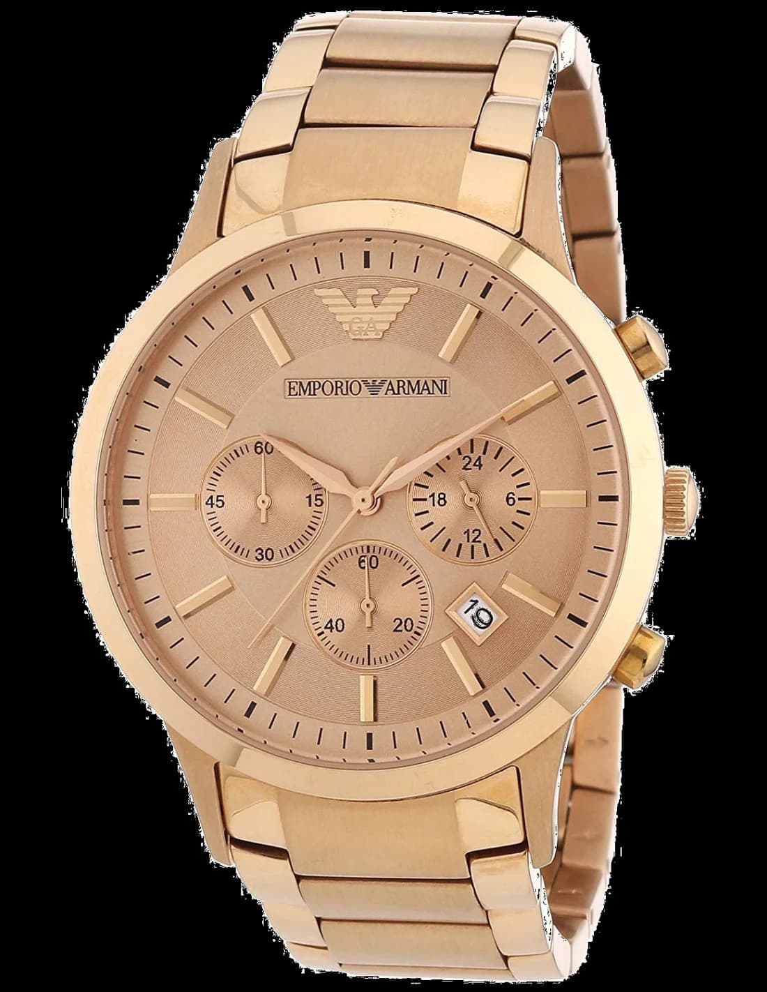 Montre Emporio Armani AR2452 en acier or rose avec cadran blanc et index dorés, style chic et moderne