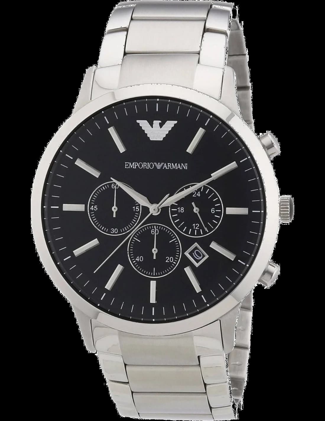 Montre Emporio Armani AR2460 avec cadran noir texturé, aiguilles argentées et index bâtons, style minimaliste chic