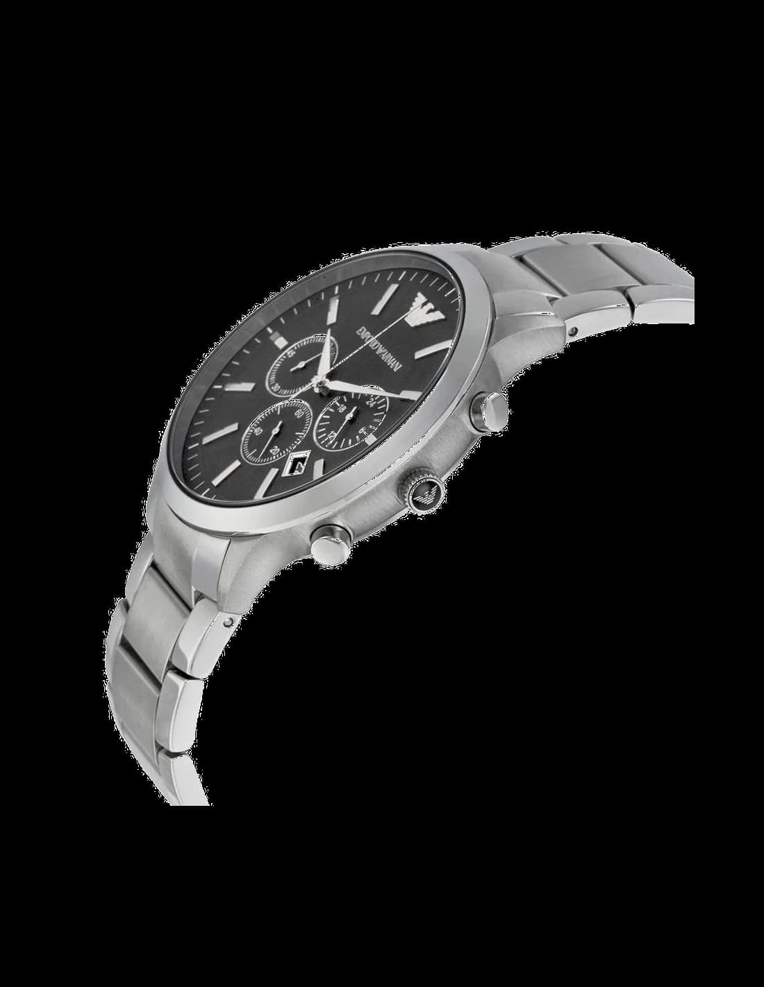 Cadran Emporio Armani AR2460 avec index appliques et aiguilles argentées, date à 3h, fond noir soleillé