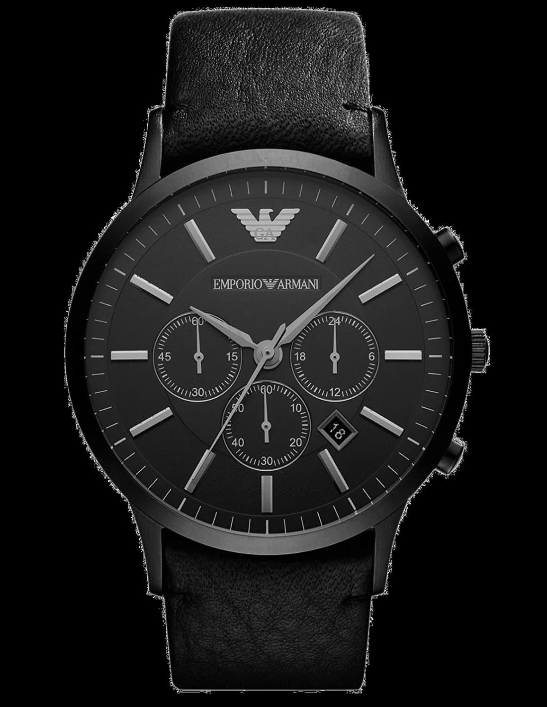 Montre Emporio Armani AR2461 au cadran noir soleillé avec aiguilles et index argentés, style chic et moderne