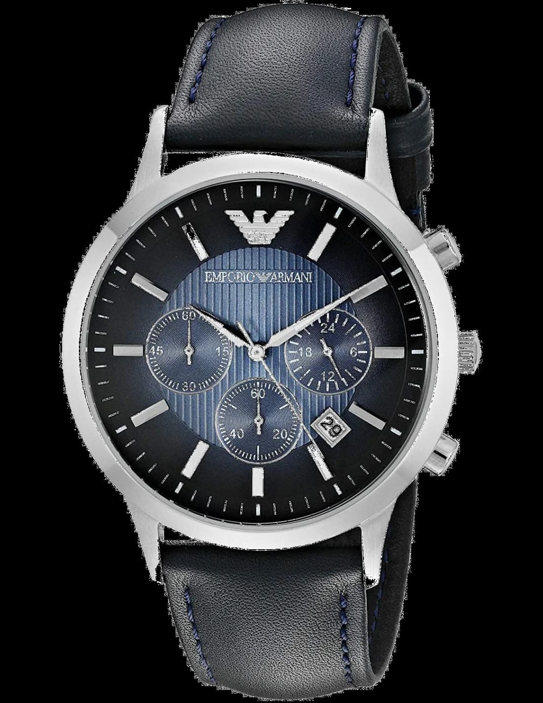 Montre Emporio Armani AR2473 avec cadran bleu soleil, aiguilles argentées et index bâtons, style classique et moderne