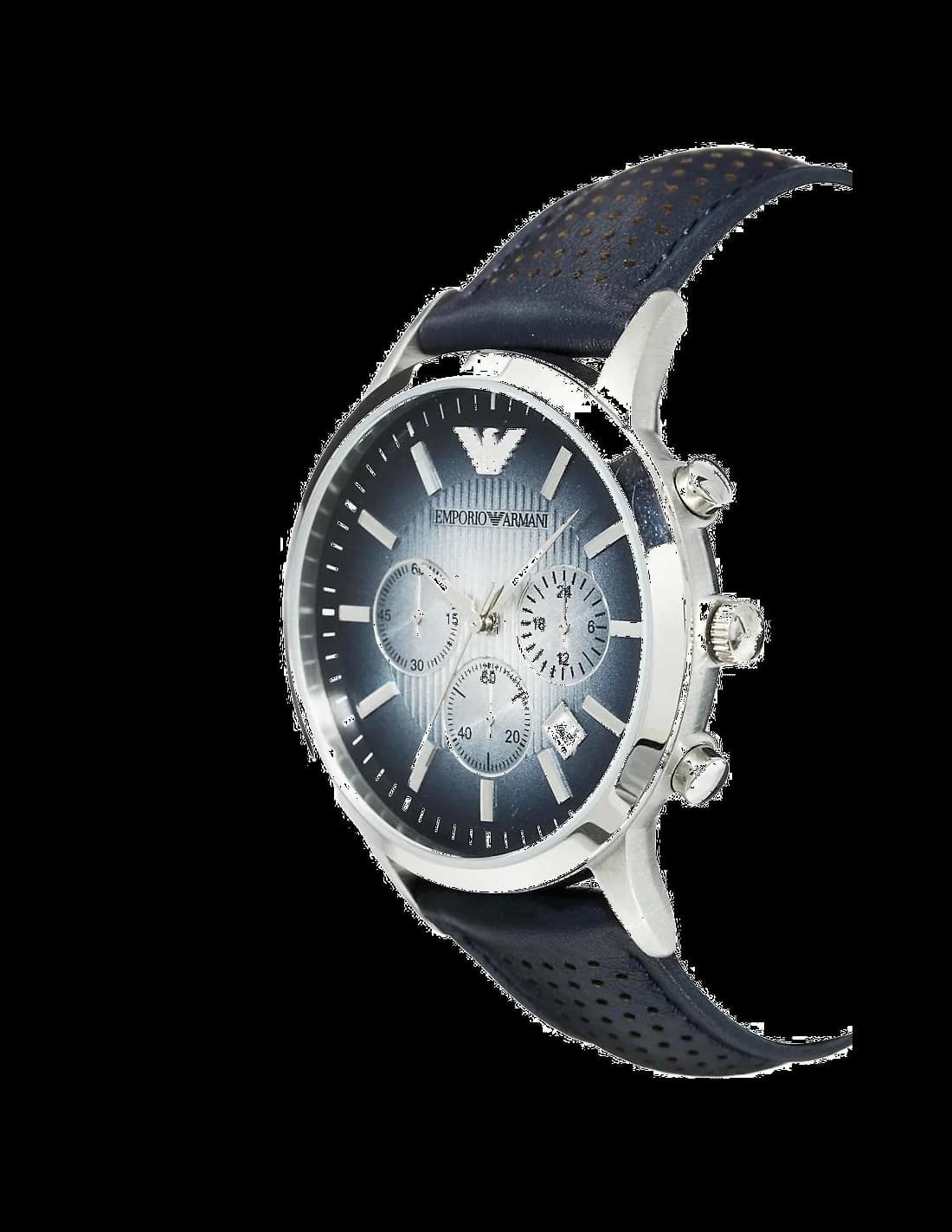 Cadran Emporio Armani AR2473 affiche un cadran bleu soleillé, index appliqués et aiguilles squelettées, date à 3h