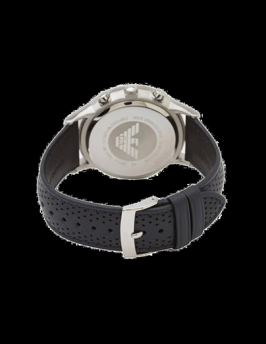 Bracelet Emporio Armani AR2473 en cuir bleu perforé, coutures contrastées et boucle ardillon argentée, look sport-chic