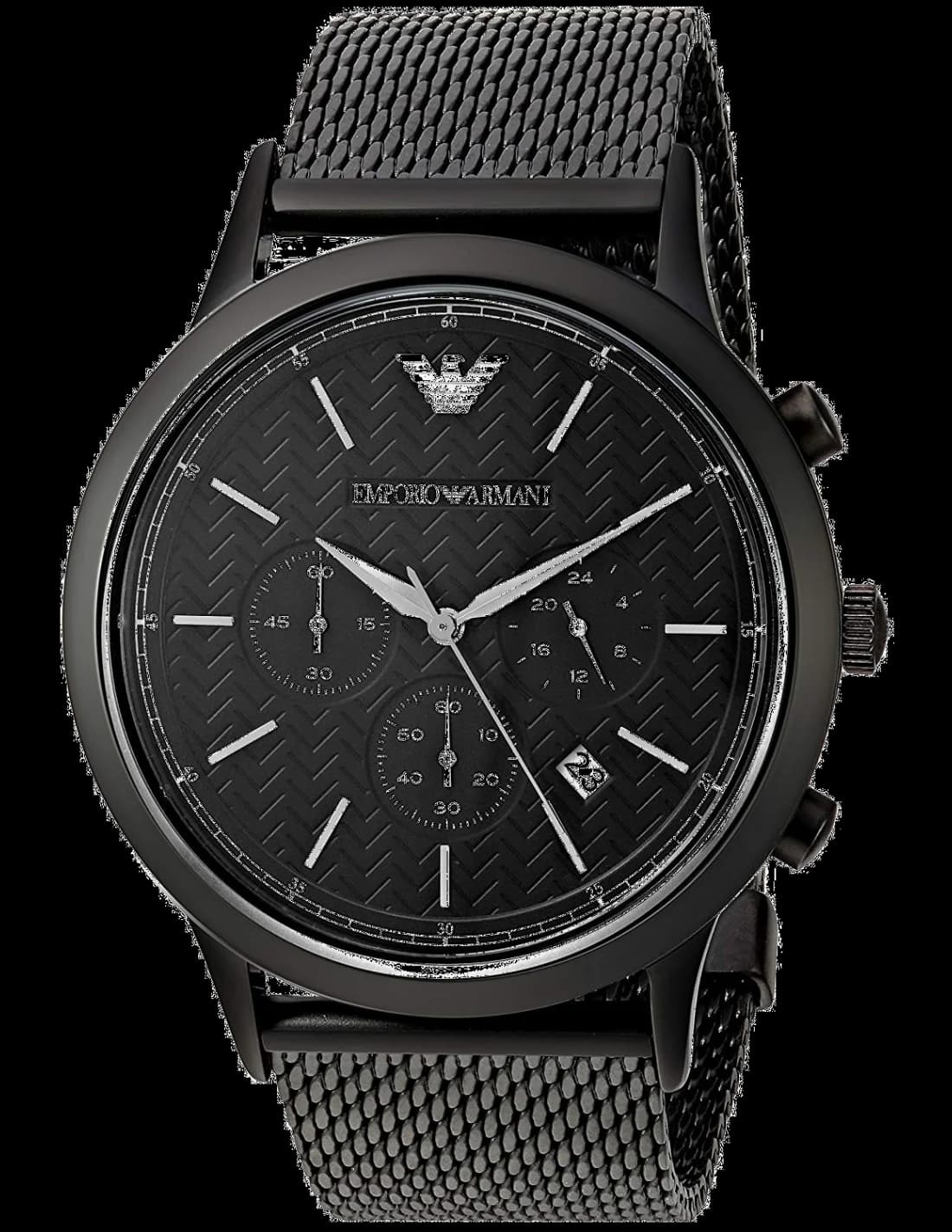 Montre Emporio Armani AR2498 au cadran noir soleil avec index bâtons et aiguilles argentées, style chic et intemporel