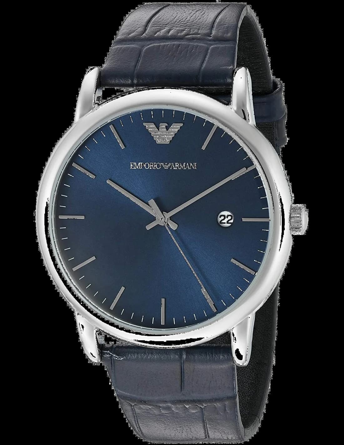 Montre Emporio Armani AR2501 avec cadran bleu soleil, aiguilles argentées et index bâtons, style élégant intemporel