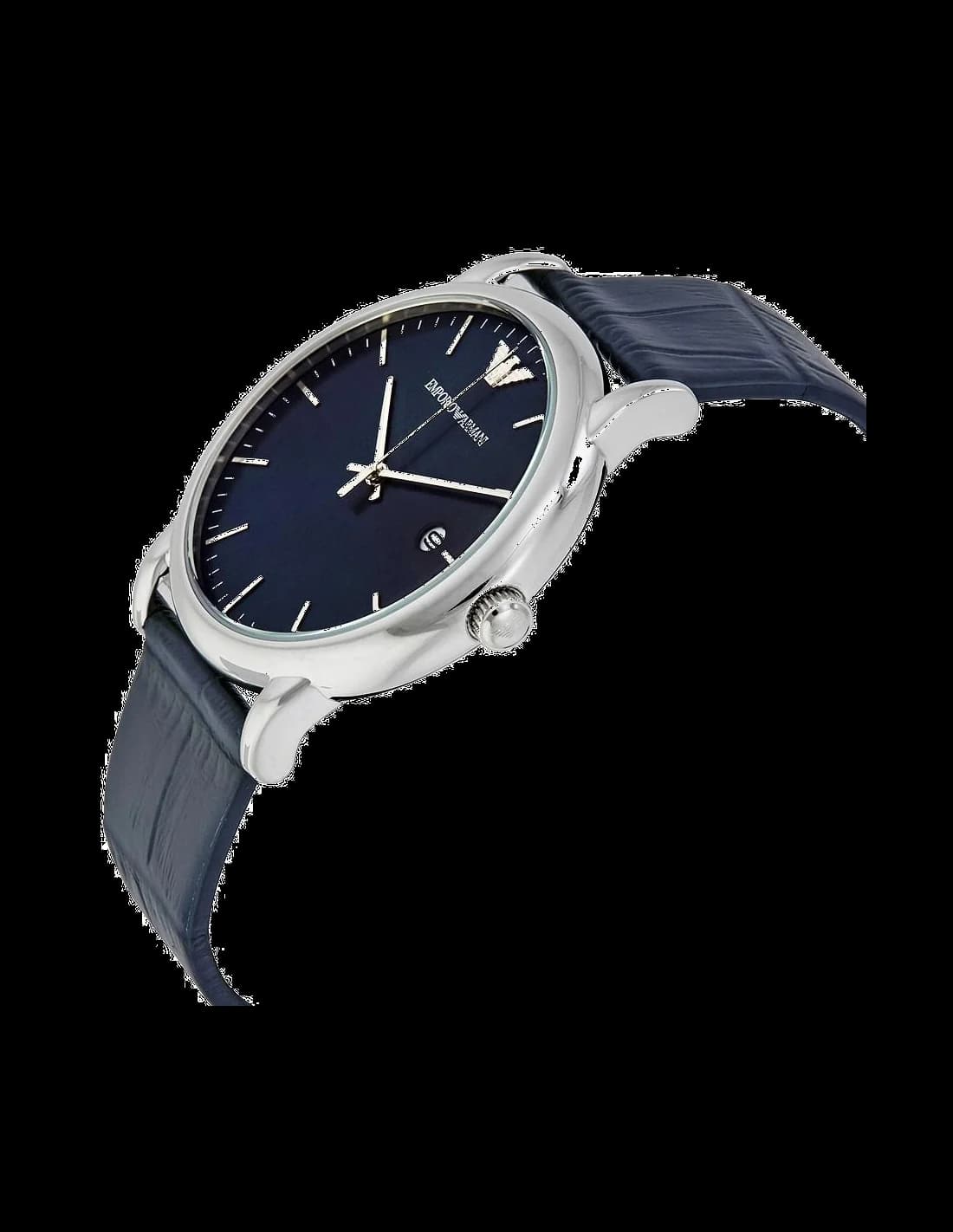 Cadran Emporio Armani AR2501 au cadran bleu texturé, index appliqués et aiguilles dauphine, date à 3h