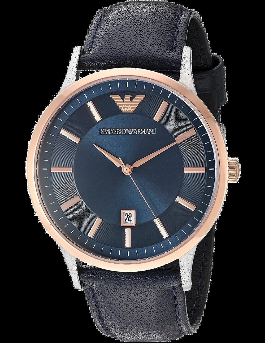Montre Emporio Armani AR2506 au cadran bleu soleillé et aiguilles dorées, style classique chic