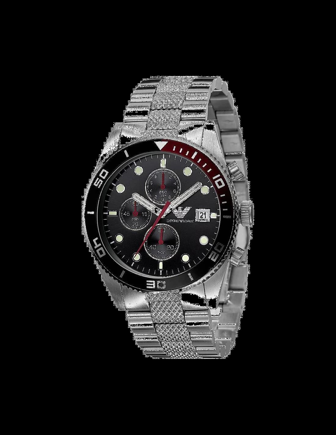 Montre Emporio Armani AR5855 au cadran noir soleillé avec index bâtons et aiguilles argentées, style sportif chic