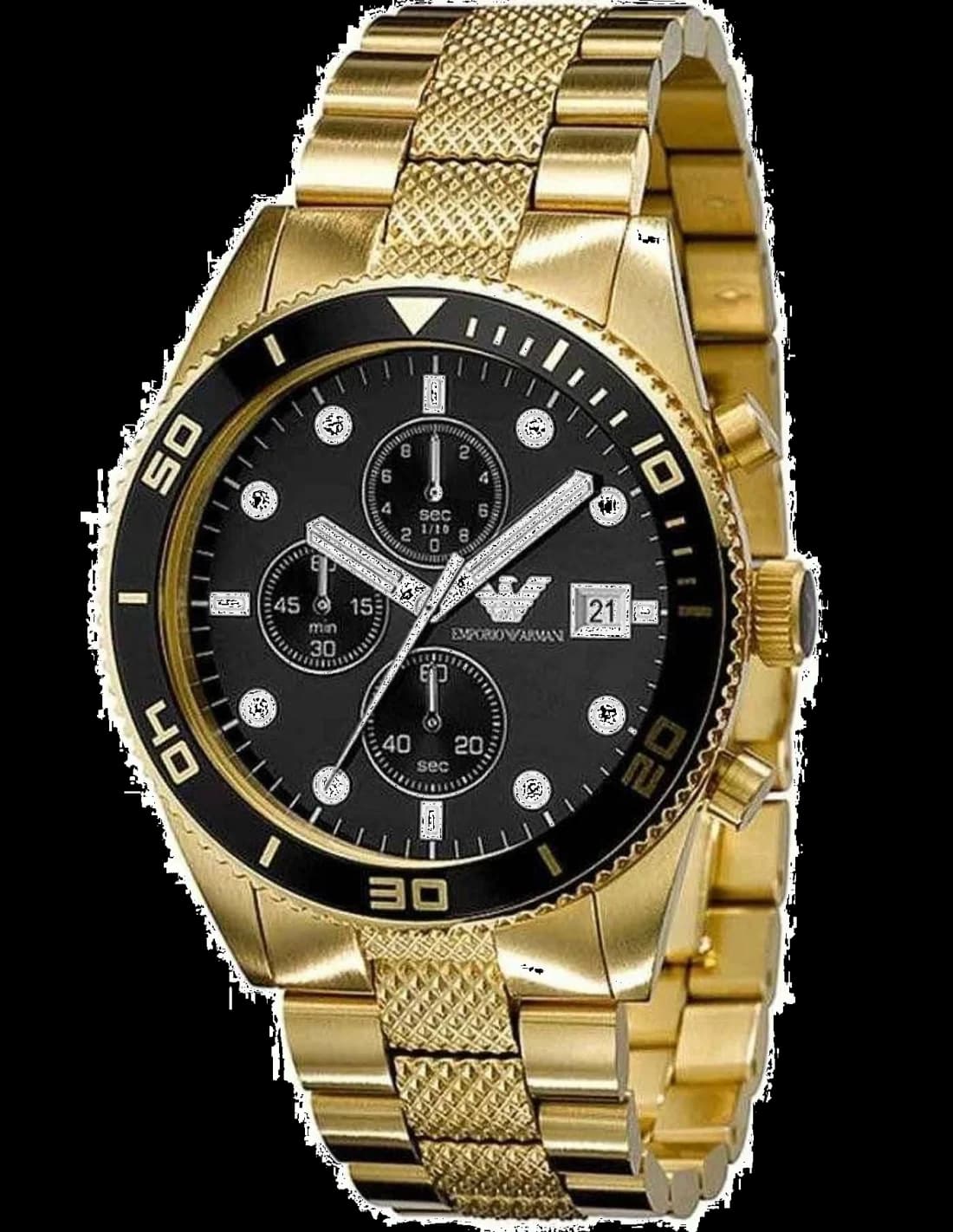 Montre Emporio Armani AR5857 avec cadran noir soleillé, index bâtons et aiguilles argentées, style sport chic