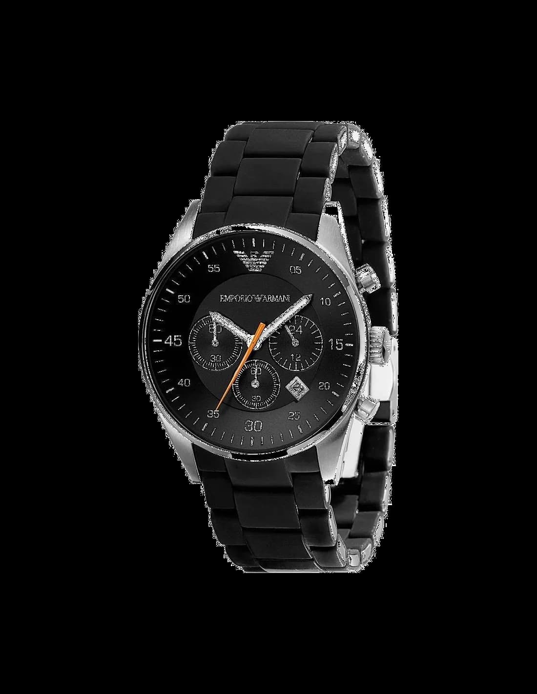 Montre Emporio Armani AR5858 avec cadran noir, aiguilles orange et index bâtons, design sport chic