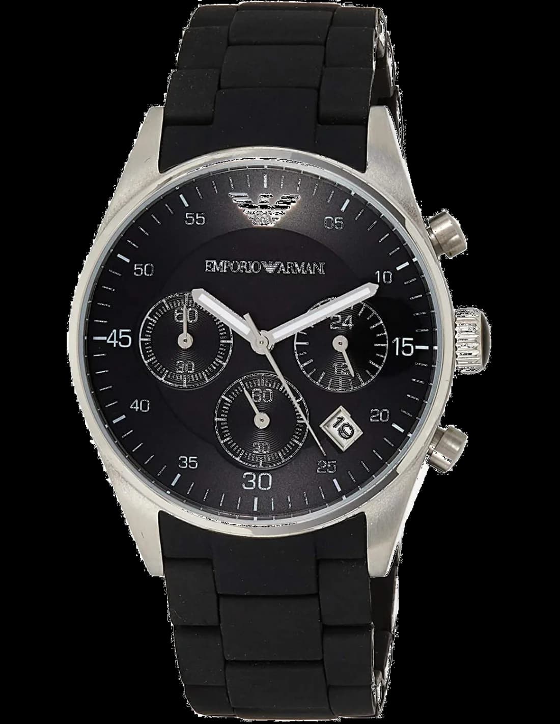 Montre Emporio Armani AR5866 au cadran noir soleil avec index bâtons et aiguilles argentées, style sport chic