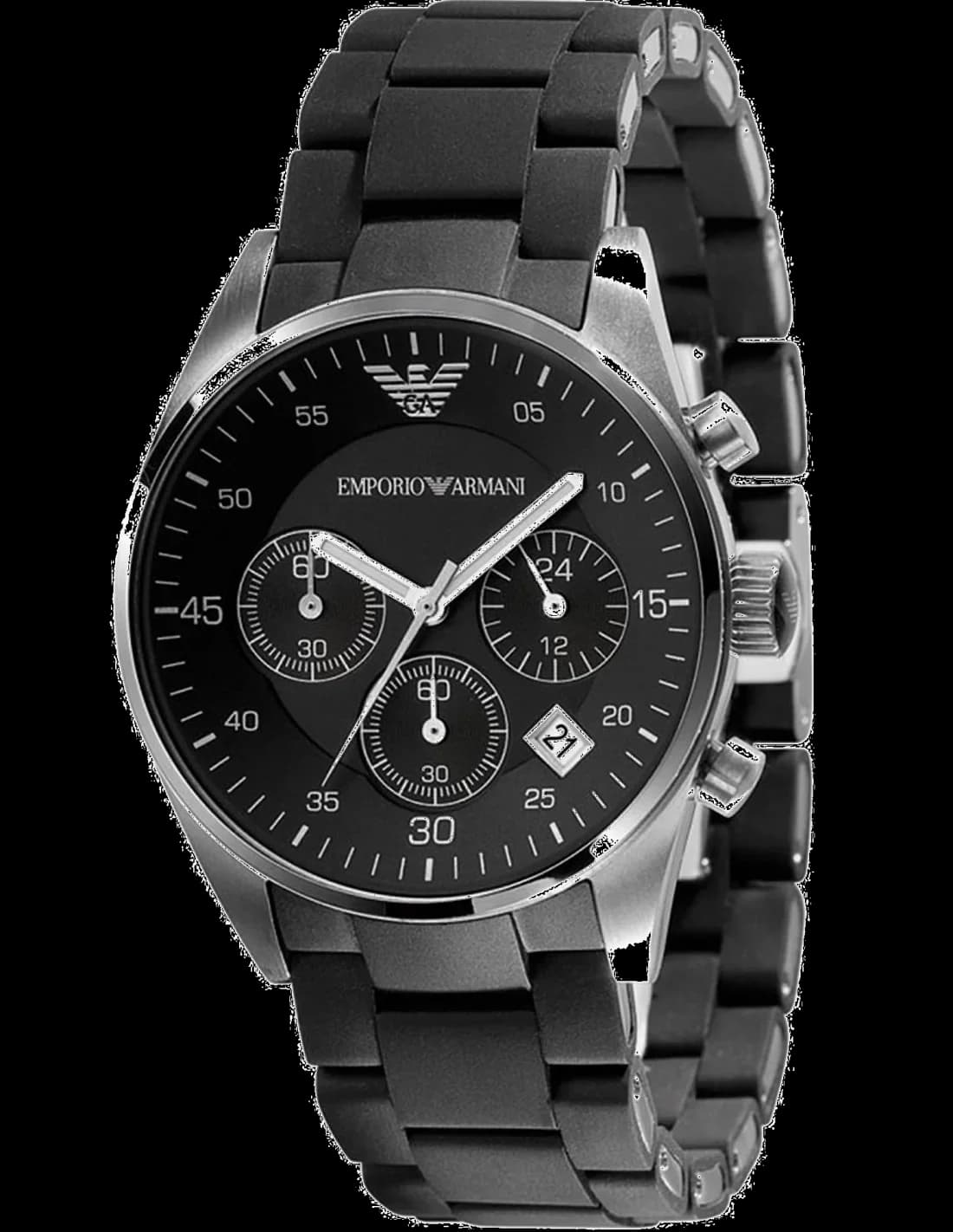 Montre Emporio Armani AR5868 avec cadran noir soleillé et aiguilles argentées, style moderne et épuré