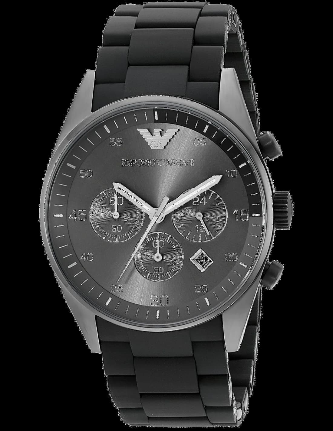 Montre Emporio Armani AR5889 avec cadran noir texturé, index argentés et aiguilles luminescentes, style sport chic