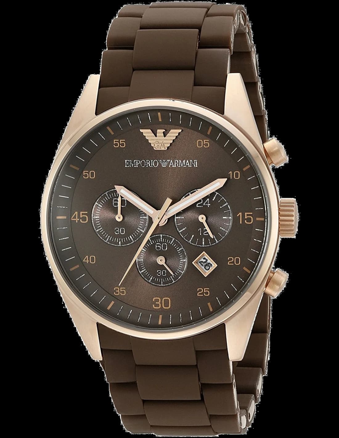 Montre Emporio Armani AR5890 vue principale avec cadran marron soleillé, index dorés, aiguilles or rose et chronographe