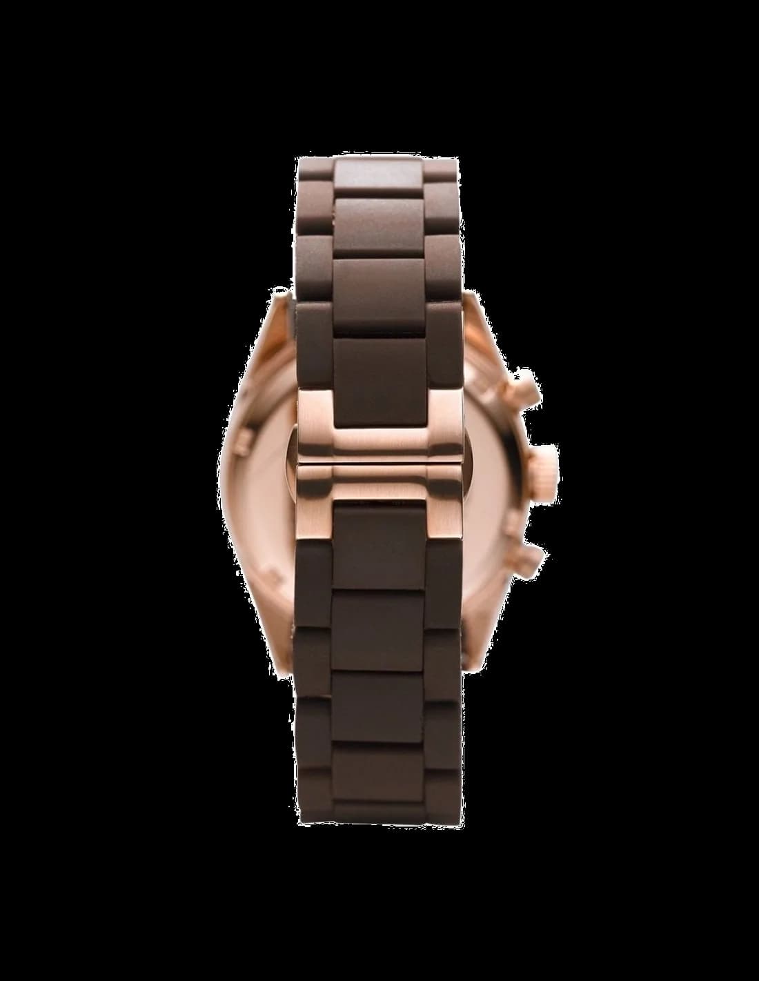 Cadran Emporio Armani AR5891 affichant un guichet date à 3h et aiguilles dorées sur fond chocolat