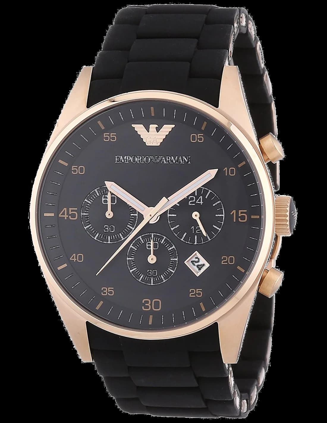 Montre Emporio Armani AR5905 au cadran noir soleillé avec index bâtons dorés et trotteur rouge sur fond argenté