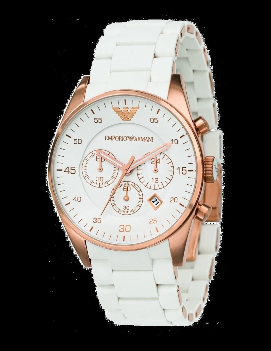 Montre Emporio Armani AR5919 au cadran blanc et index bâtons sur fond argenté, style sport chic