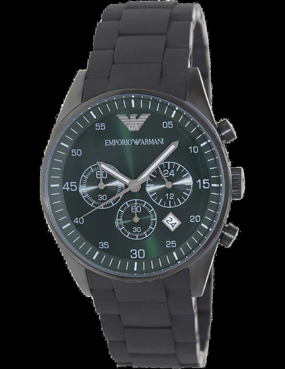 Montre Emporio Armani AR5922 au cadran noir sportif avec index bâtons et aiguilles argentées, style contemporain