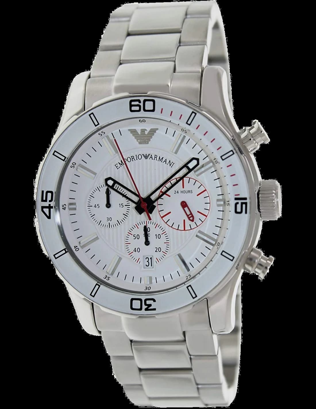 Montre Emporio Armani AR5932 au cadran blanc soleil avec index bâtons et aiguilles argentées, style sport chic