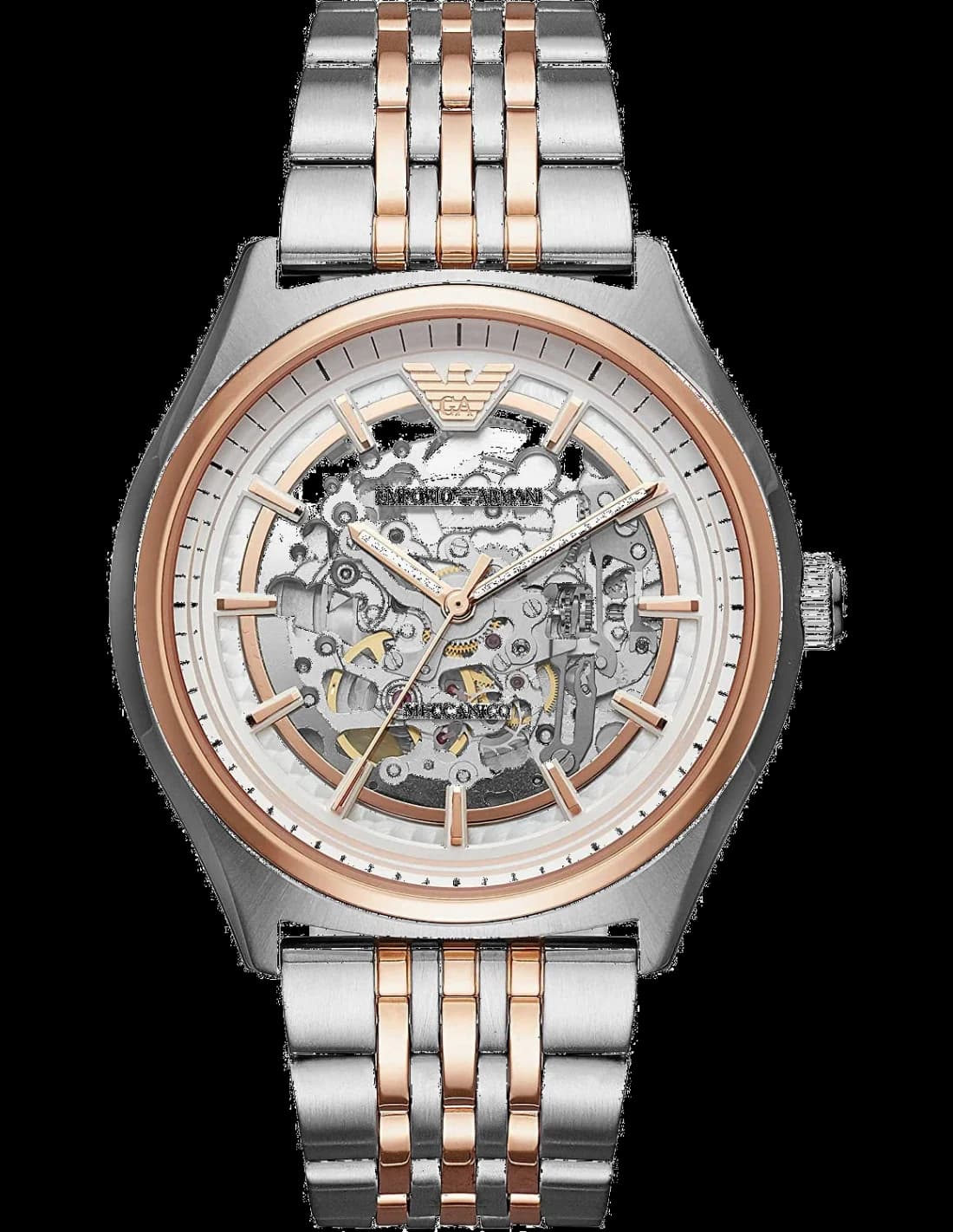 Montre Emporio Armani AR60002 avec cadran squelette et finitions dorées sur fond noir