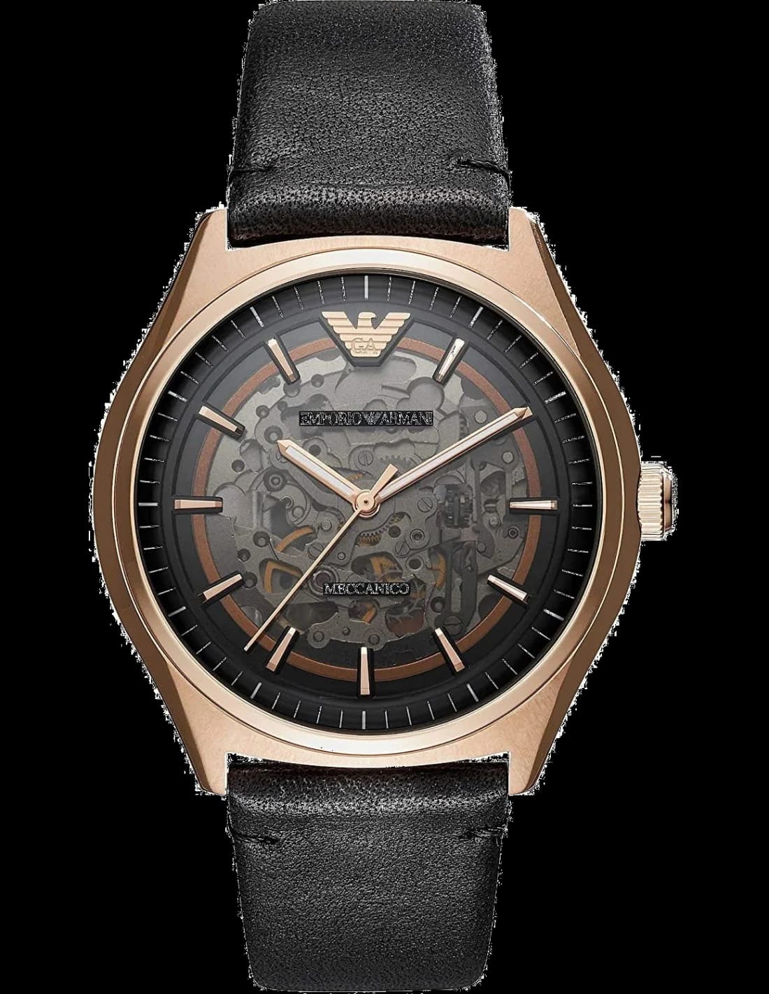 Montre Emporio Armani AR60004 avec cadran squelette noir et détails dorés, style moderne et élégant