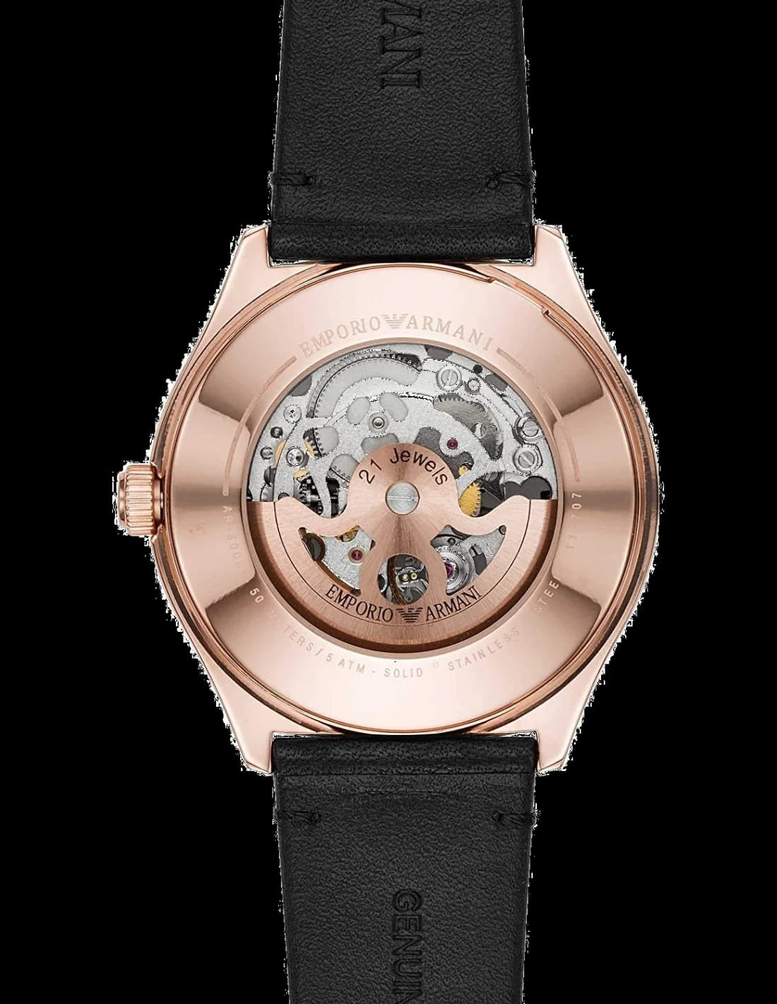 Cadran Emporio Armani AR60004 squelette révélant le mouvement mécanique, index bâtons et aiguilles dorées