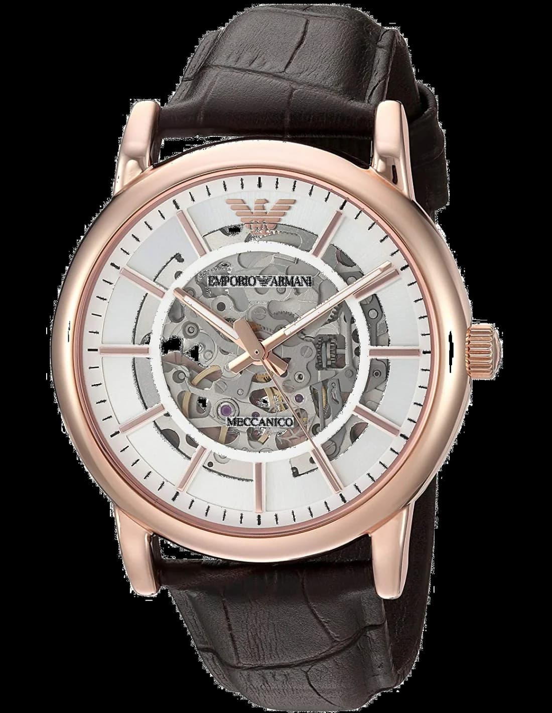 Montre Emporio Armani AR60007 avec cadran squelette noir et aiguilles dorées, style moderne et élégant