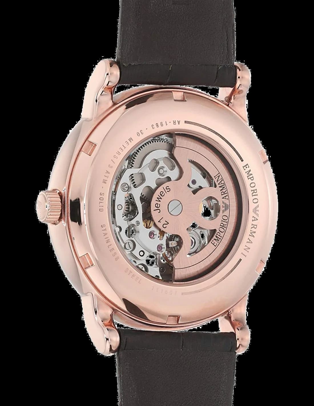 Cadran Emporio Armani AR60007 dévoile le mouvement automatique Meccanico, index bâtons et aiguilles squelettées