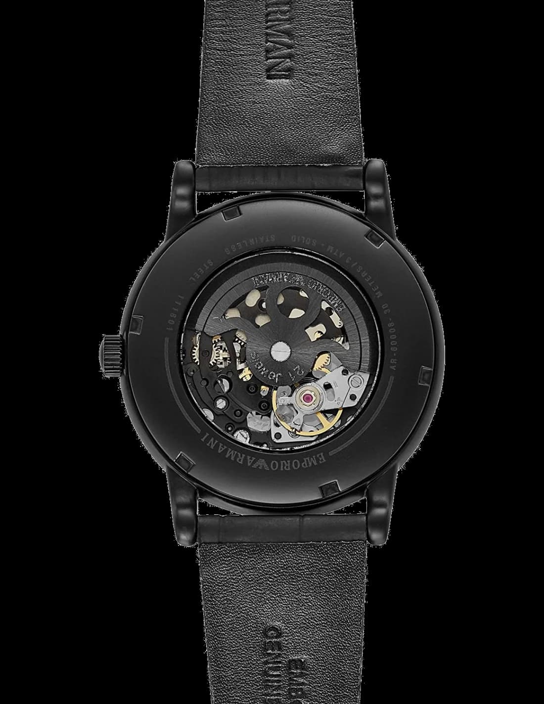 Cadran Emporio Armani AR60008 ouvert dévoilant le mouvement mécanique visible et les aiguilles squelette