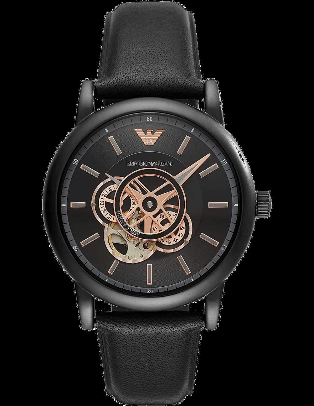 Montre Emporio Armani AR60012 au cadran squelette noir et aiguilles dorées, design contemporain et sport chic
