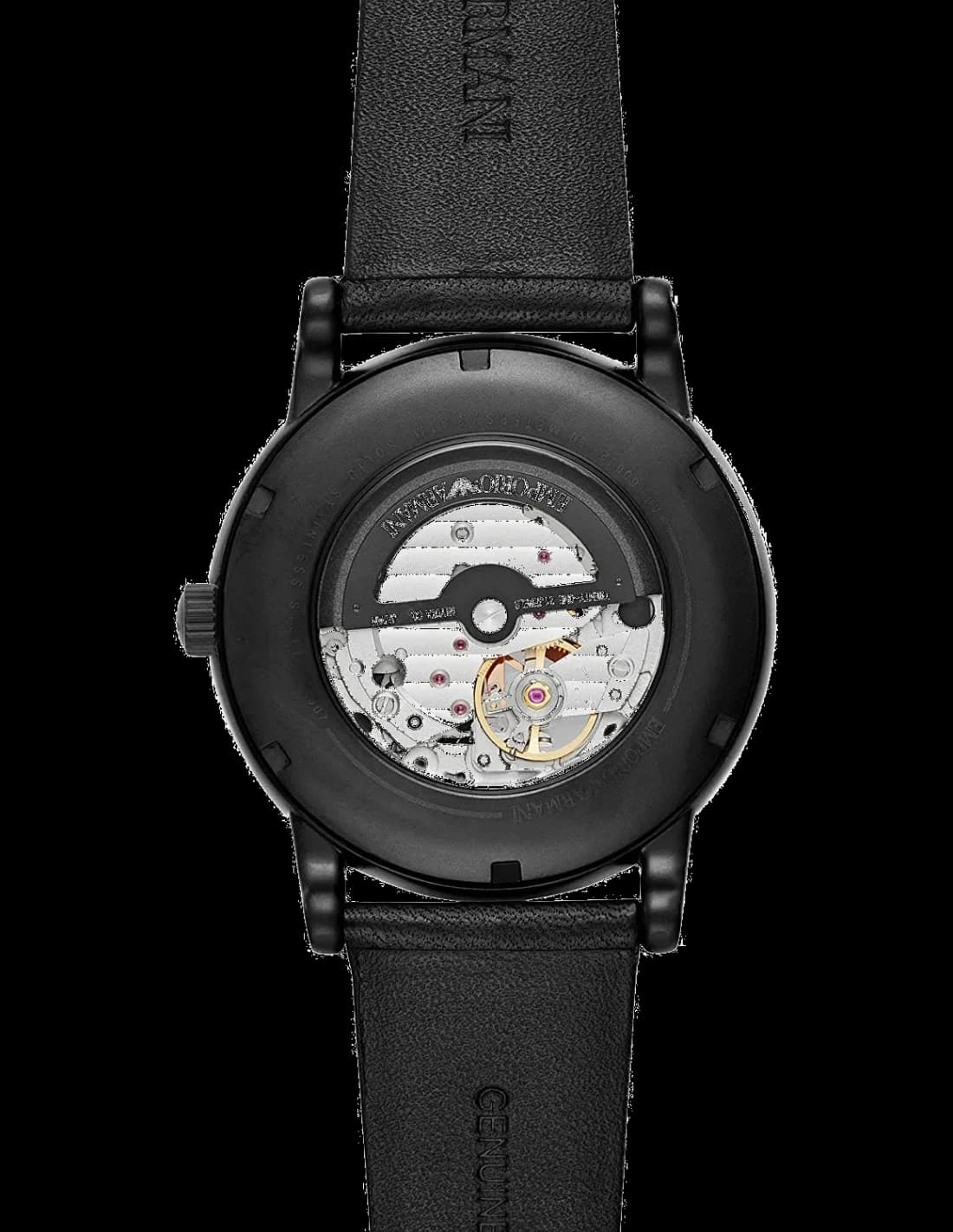 Cadran Emporio Armani AR60012 avec index bâtons et aiguilles dorées, mouvement squelette visible au centre