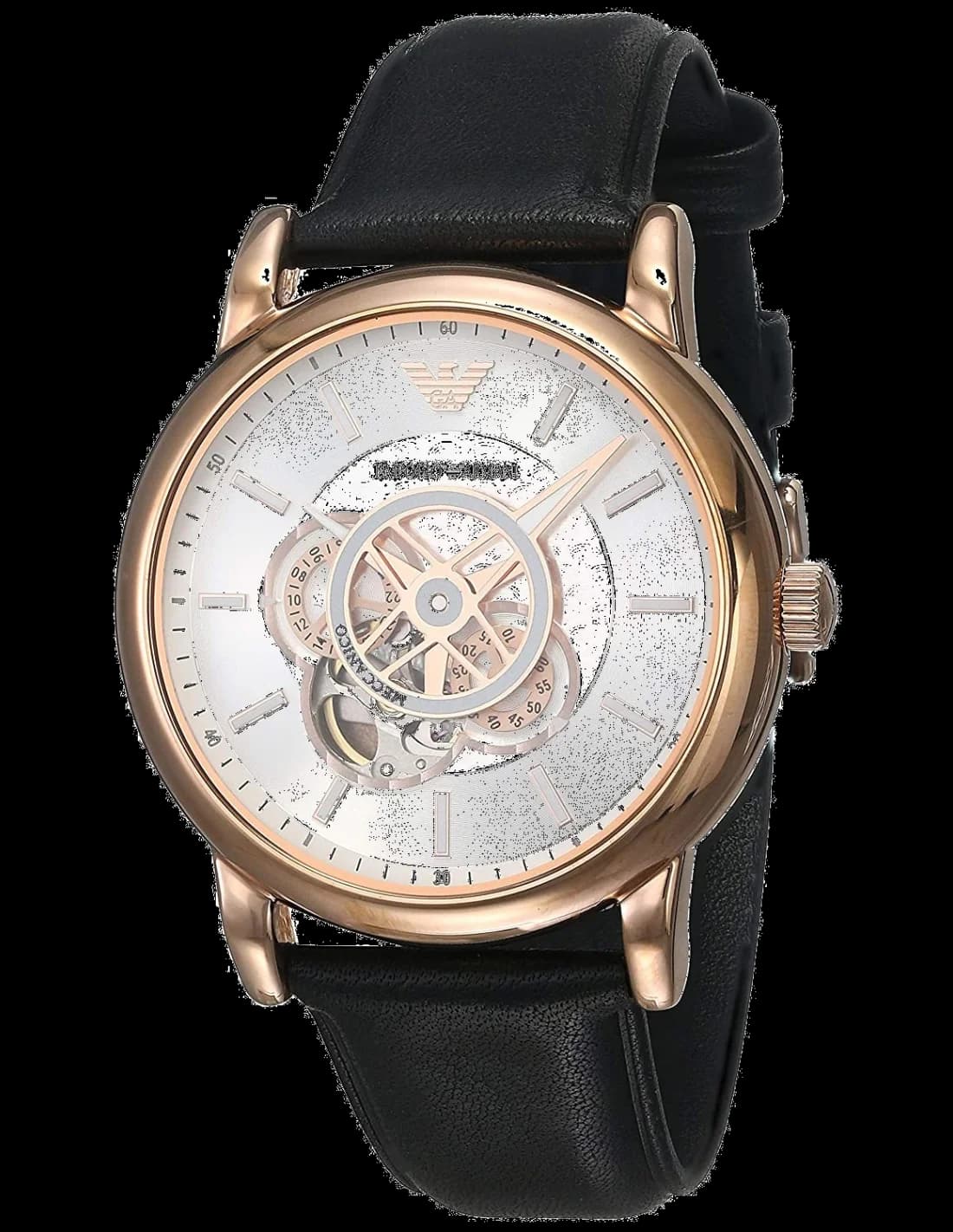 Montre Emporio Armani AR60013 avec cadran bleu soleillé, index bâtons argentés et aiguilles dauphine, style élégant et sportif