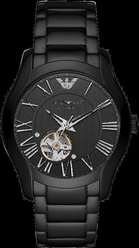 Montre Emporio Armani AR60014 avec cadran noir squelette, mouvement automatique visible et boîtier acier rond 43 mm, style moderne et élégant
