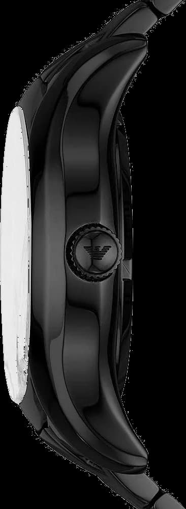 Cadran Emporio Armani AR60014 squelette noir laissant voir le mécanisme, index bâtons argentés et aiguilles luminescentes, guichet date à 3h