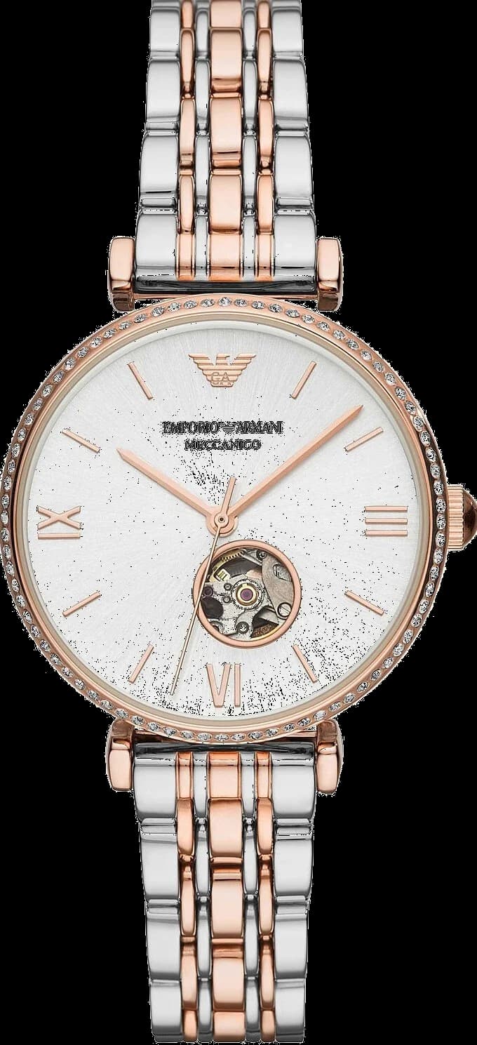 Montre Emporio Armani AR60019 avec cadran blanc nacré et index dorés, style chic et féminin