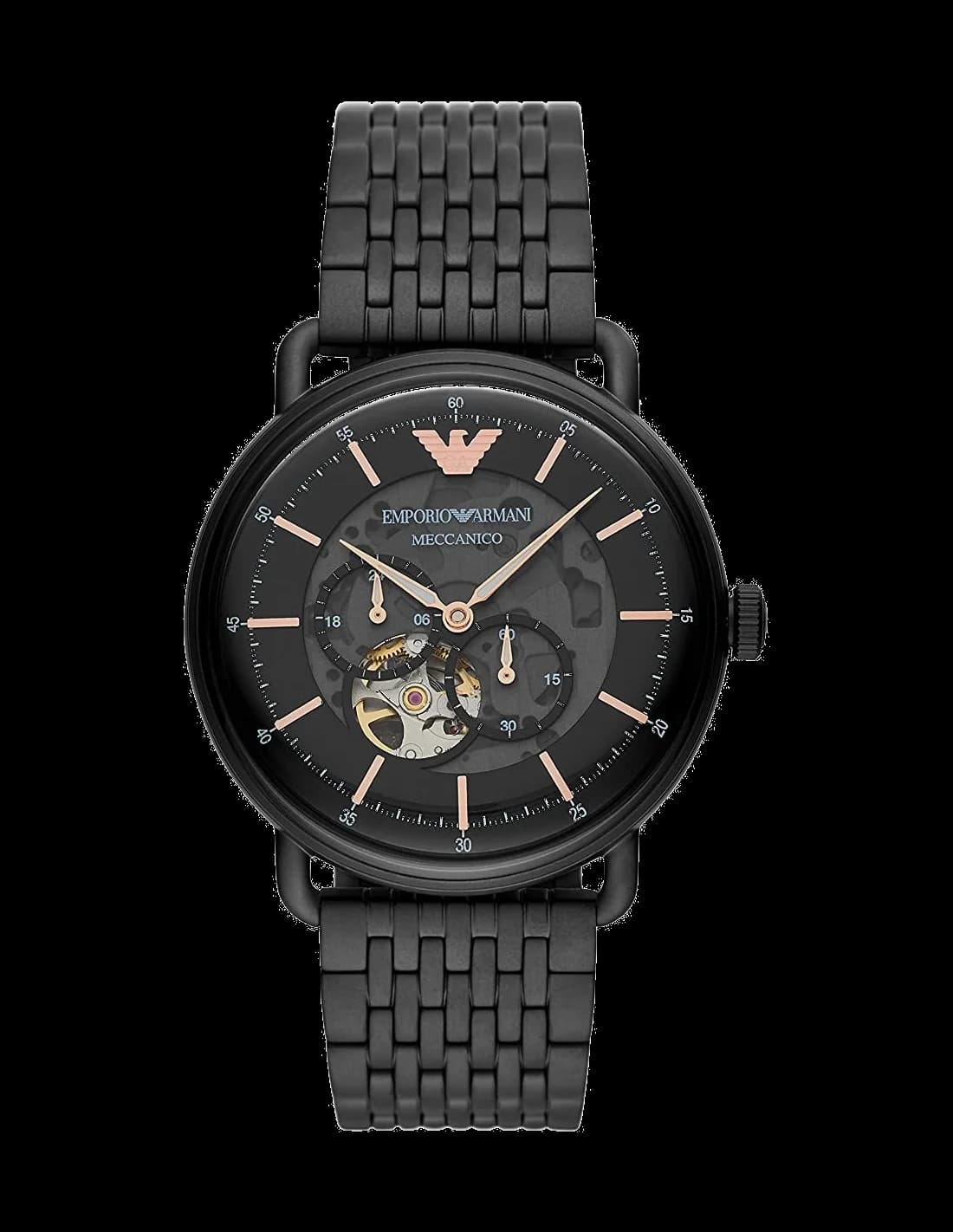 Montre Emporio Armani AR60025 avec cadran squelette noir et aiguilles dorées sur fond ouvert