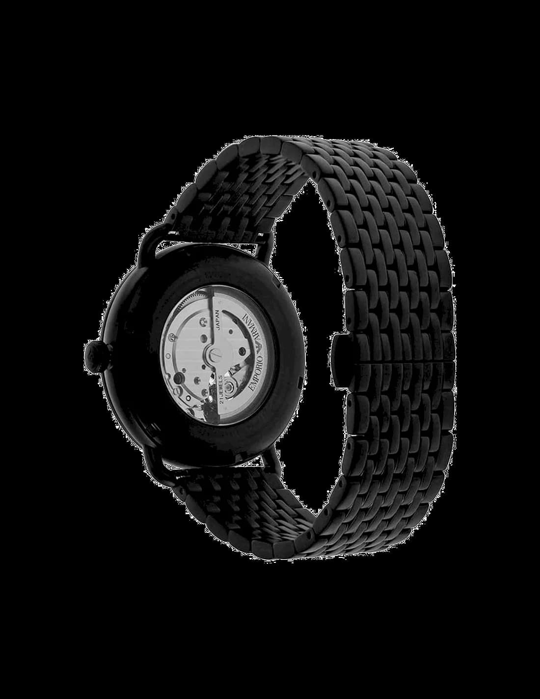 Cadran Emporio Armani AR60025 dévoile son mouvement automatique visible avec index bâtons et aiguilles squelette