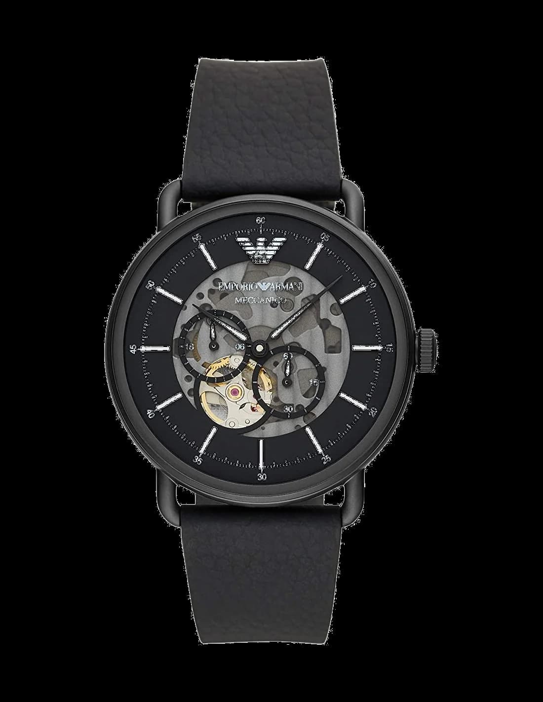 Montre Emporio Armani AR60028 au cadran squelette noir dévoilant le mouvement automatique, style contemporain et élégant
