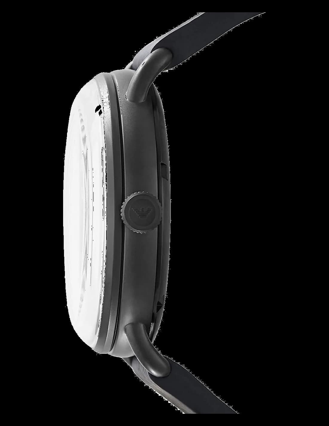Cadran Emporio Armani AR60028 squelette noir avec index bâtons et aiguilles argentées, visibilité du mécanisme automatique